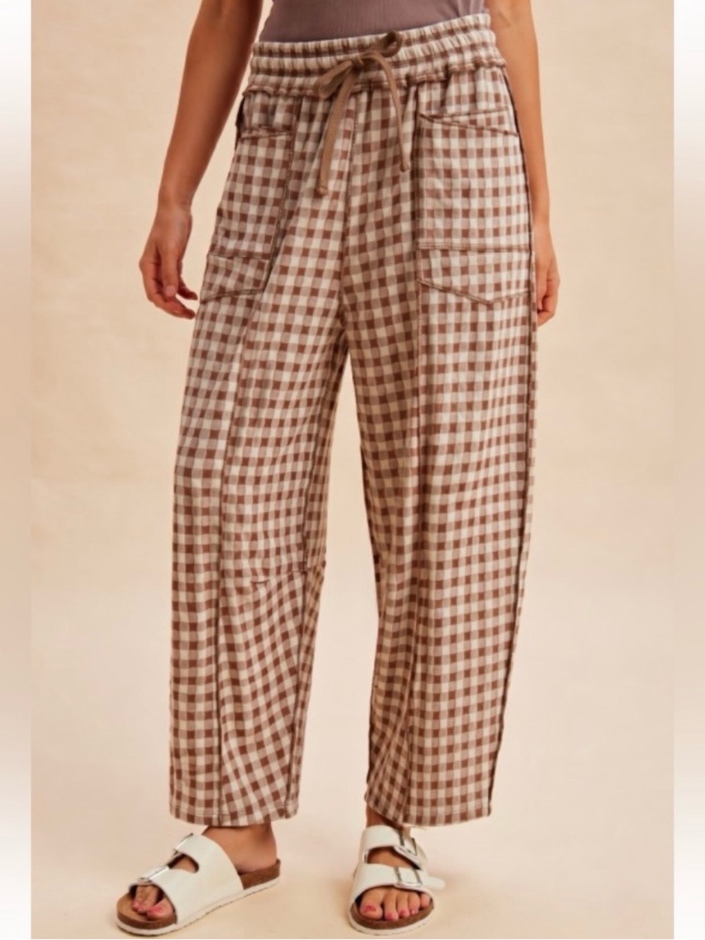 Anniewear NWT Mocha Gingham Drawstring Barrel Knit Pants Size Medium